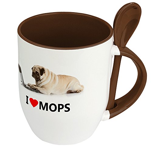 digital print Hundetasse Mops - Löffel-Tasse mit Hundebild Mops - Becher, Kaffeetasse, Kaffeebecher, Mug - Braun von digital print