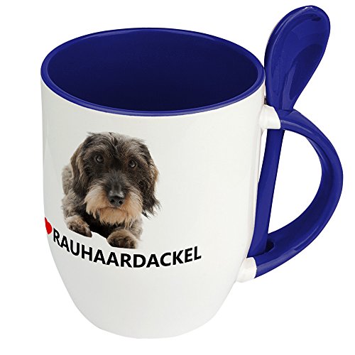 digital print Hundetasse Rauhaardackel - Löffel-Tasse mit Hundebild Rauhaardackel - Becher, Kaffeetasse, Kaffeebecher, Mug - Blau von digital print