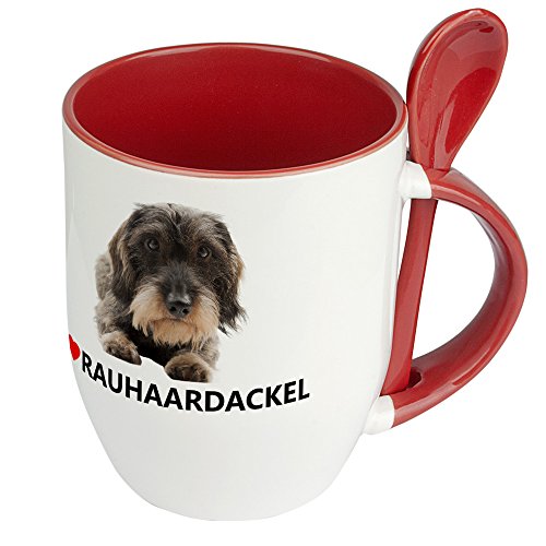 digital print Hundetasse Rauhaardackel - Löffel-Tasse mit Hundebild Rauhaardackel - Becher, Kaffeetasse, Kaffeebecher, Mug - Rot von digital print