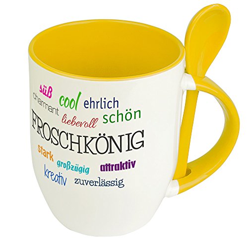 digital print Löffeltasse mit Namen Froschkönig - Motiv Positive Eigenschaften - Namenstasse, Kaffeebecher, Mug, Becher, Kaffeetasse - Farbe Gelb von digital print