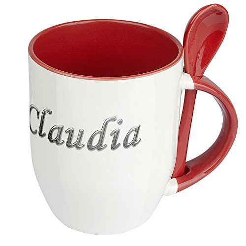 digital print Namenstasse Claudia - Löffel-Tasse mit Namens-Motiv Chrom-Schriftzug - Becher, Kaffeetasse, Kaffeebecher, Mug - Rot von digital print