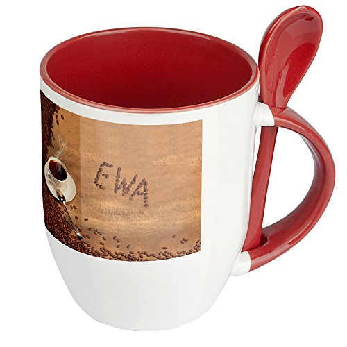 digital print Namenstasse EWA - Löffel-Tasse mit Namens-Motiv Kaffeebohnen - Becher, Kaffeetasse, Kaffeebecher, Mug - Rot von digital print