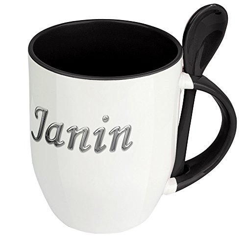 digital print Namenstasse Janin - Löffel-Tasse mit Namens-Motiv Chrom-Schriftzug - Becher, Kaffeetasse, Kaffeebecher, Mug - Schwarz von digital print