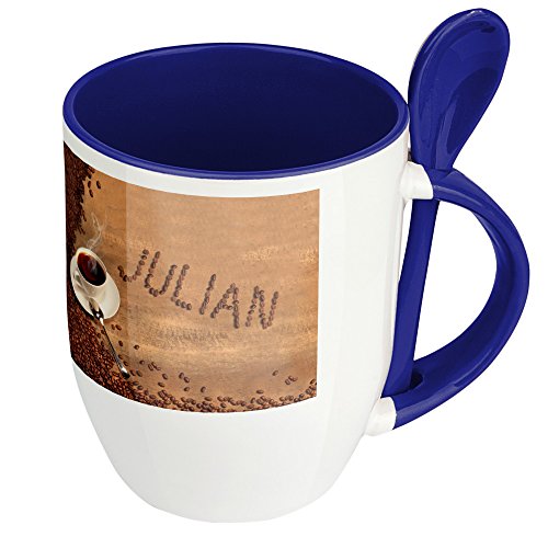digital print Namenstasse Julian - Löffel-Tasse mit Namens-Motiv Kaffeebohnen - Becher, Kaffeetasse, Kaffeebecher, Mug - Blau von digital print