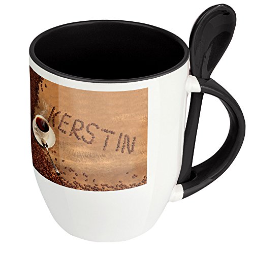 digital print Namenstasse Kerstin - Löffel-Tasse mit Namens-Motiv Kaffeebohnen - Becher, Kaffeetasse, Kaffeebecher, Mug - Schwarz von digital print