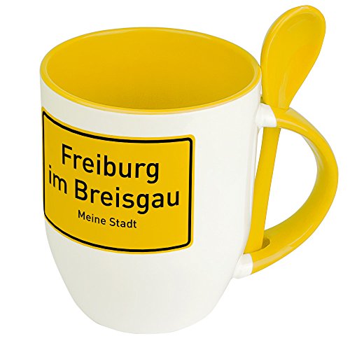 digital print Städtetasse Freiburg im Breisgau - Löffel-Tasse mit Motiv Ortsschild - Becher, Kaffeetasse, Kaffeebecher, Mug - Gelb von digital print