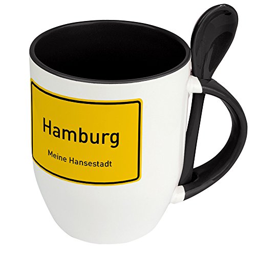 digital print Städtetasse Hamburg - Löffel-Tasse mit Motiv Ortsschild - Becher, Kaffeetasse, Kaffeebecher, Mug - Schwarz von digital print