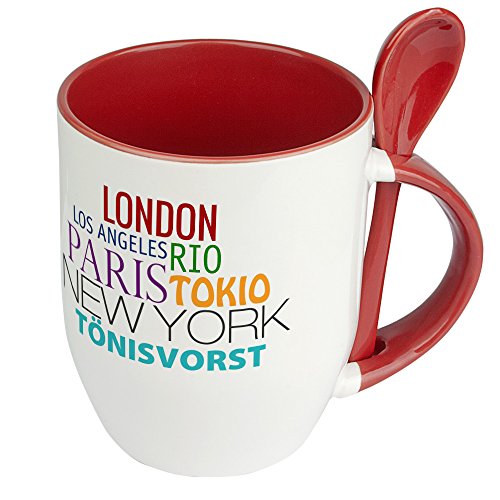 digital print Städtetasse Tönisvorst - Löffel-Tasse mit Motiv Famous Cities in The World - Becher, Kaffeetasse, Kaffeebecher, Mug - Rot von digital print