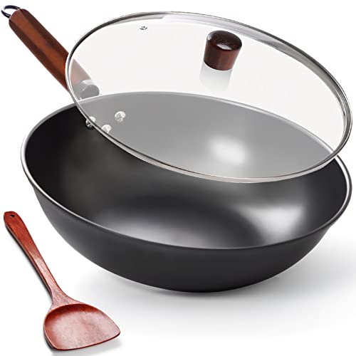 Wokpfanne mit Deckel, 33cm Wok Pfanne aus Karbonstahl zum Rühren und Braten mit Holzspatel, Wok aus Kohlenstoffstahl, nitrierter Antihaft-Chinesenwok mit flachem Boden für Induktion, Elektro- Gasherd von diig