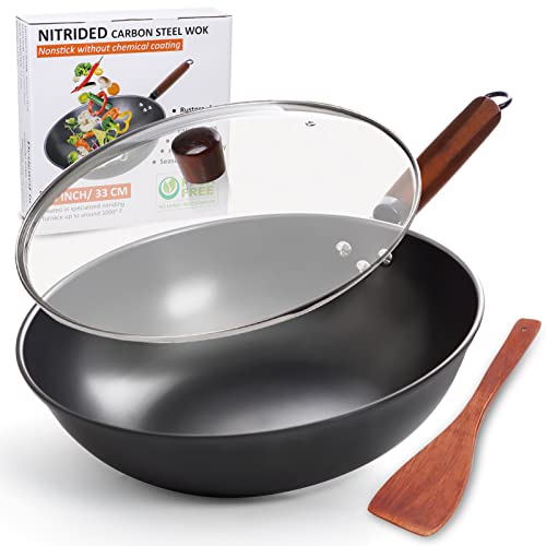 Wokpfanne mit Deckel, 33cm Wok Pfanne aus Karbonstahl zum Rühren und Braten mit Holzspatel, Wok aus Kohlenstoffstahl, nitrierter Antihaft-Chinesenwok mit flachem Boden für Induktion, Elektro- Gasherd von diig