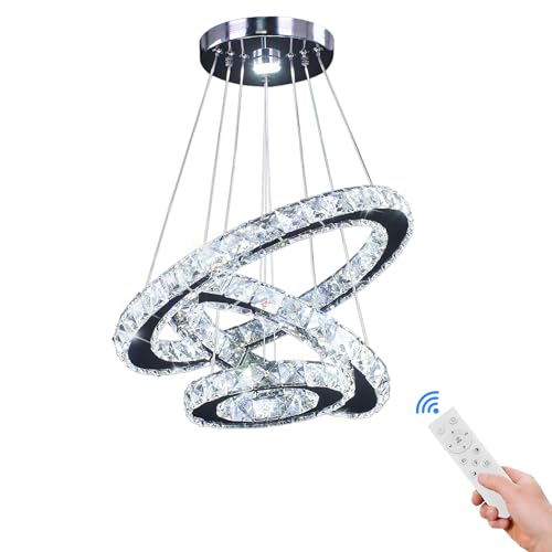 Dixun Dimmbare LED Kronleuchter Moderne Deckenleuchte 3-Ringe Einstellbare Edelstahl Pendelleuchte Kronleuchter für Schlafzimmer Wohnzimmer von diisunbihuo
