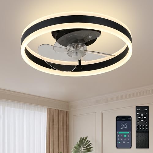 diisunbihuo 16“ Acryl Low Profile Deckenventilatoren mit Lichtern und Fernbedienung, Moderne dimmbare LED Kronleuchter mit Lichtern mit Memory&Timming Funktion für Schlafzimmer Wohnzimmer (Schwarz) von diisunbihuo