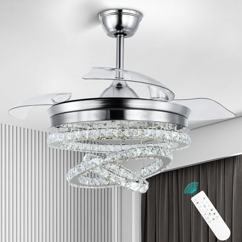diisunbihuo 42“ Dimmbar Kronleuchter Moderner unsichtbarer Kristall-Kronleuchter Deckenventilator mit 3 LED-Farbwechsel-Leuchten mit Memory-Funktion (Chrom) von diisunbihuo
