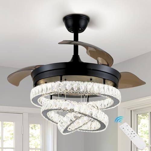 diisunbihuo 42“ Schwarzer Kronleuchter mit Lichtern Dimmbarer LED Kristall Deckenventilator für Schlafzimmer Individuelle 3 LED Farbwechsel mit Timi Memory Funktion von diisunbihuo