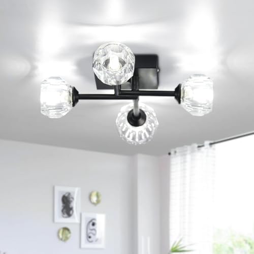 diisunbihuo Weinlese-Sputnik Deckenleuchte Mattschwarz Semi Flush Mount Deckenleuchte Modern 4 Licht Kronleuchter Deckenleuchte für Küche Schlafzimmer Wohnzimmer Flur (Runder Kristall-Schirm) von diisunbihuo
