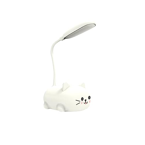 dijiusidy Kompakte LED Schreibtischlampe mit Einstellbarer Helligkeit und Augenschutz, USB Ladeanschluss, kleine Schreibtischlampe mit Akku, Weiße Katzen Tischlampe von dijiusidy