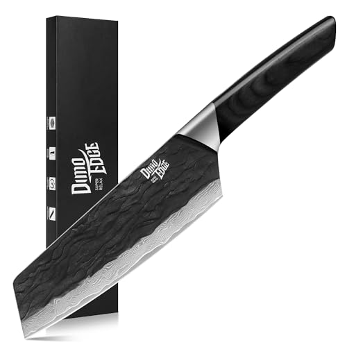dimoedge Damast Kochmesser, 17,8 cm Scharfes Japanisches Messer mit Gehämmerter Klinge und Pakkawood-Griff, Küchenmesser Profi Bunka Messer mit Geschenkbox, Schwarz von dimoedge