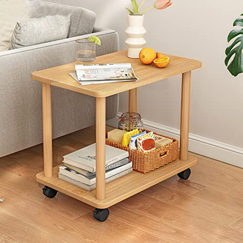 Beistelltisch mit Rollen (60x30x47cm), Industrieller Beistelltisch Couch mit 2 Ebenen, Rollbettisch aus Holz, Mobiler Tisch Wohnzimmer als Sofatisch oder Nachttisch - Stabilität bis 68kg (Holzfarbe) von diowewea