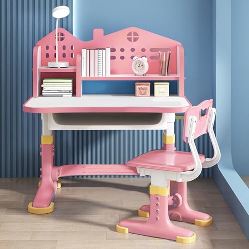 Kinderschreibtisch Set mit Bücherständer, Kinderschreibtisch Höhenverstellbar mit Schubladen, Goldenes Distanzdesign Schreibtisch Kinder für Jungs & Mädchen (Rosa) von diowewea
