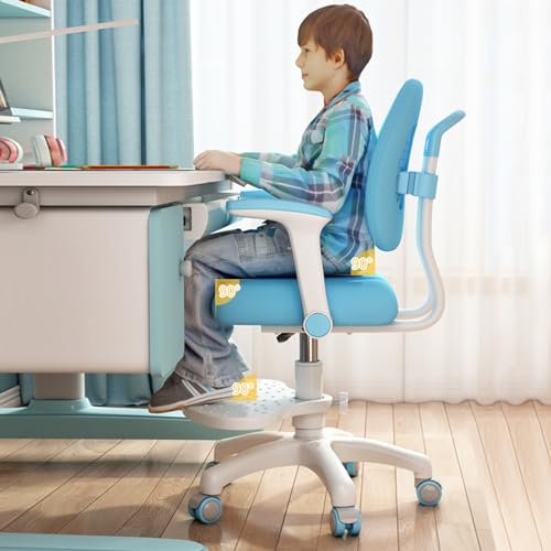 Kinderstuhl Schreibtischstuhl mit Selbstsperrrollen & Rückenstütze - Sicherer Ergonomischer Lernstuhl für Kinder 3-18 Jahre - für Homeschooling, Spielzimmer, Kinderzimmer - Aus Robustem Metall (Blau) von diowewea