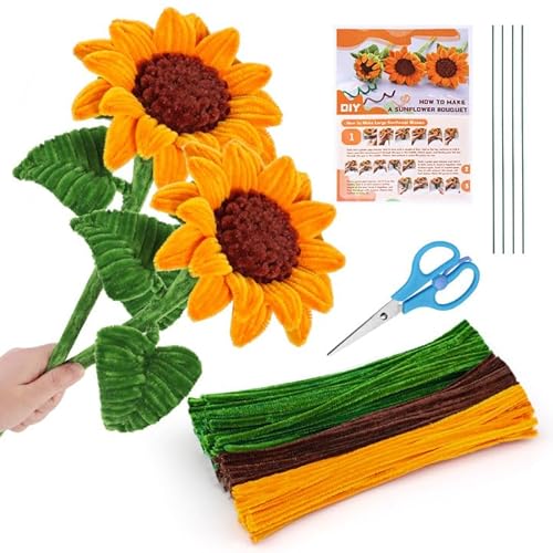dipeer Sonnenblumen-Pfeifenreiniger-Set mit 190 Pfeifenreinigern in 3 Farben, Schere, 4 Floristendraht für Heimdekoration, Kunst- und Bastelset von dipeer