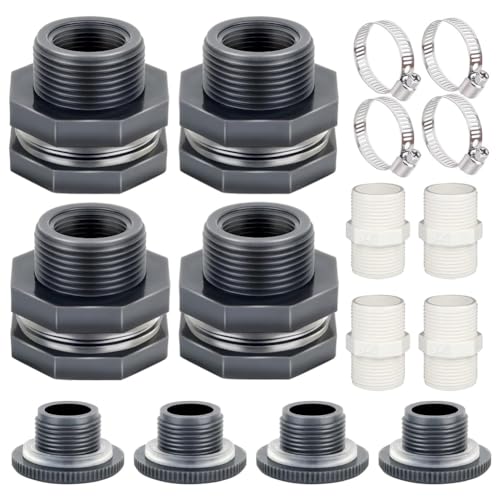 dissot 1 Set PVC-Schottverschraubung 3/4 Zoll mit Steckern Gartenschlauchadapter mit Klemm-Kit Wassertankanschluss Thru-Bulk Rohrverschraubung von dissot