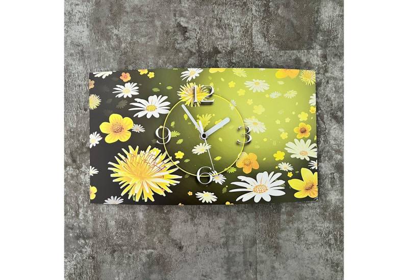 dixtime Wanduhr gelb weiße Blumen Designer Wanduhr (Einzigartige 3D-Optik aus 4mm Alu-Dibond) von dixtime