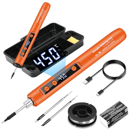 diymore Akku Lötkolben Set, USB Wiederaufladbar Lötkolben mit LCD, Temperatur Einstellbare 180-450 ℃, 3 Lötspitzen, Lötdraht, Lötpaste, lötkolben akku für Reparatur des Schweißens (orangefarbene) von diymore