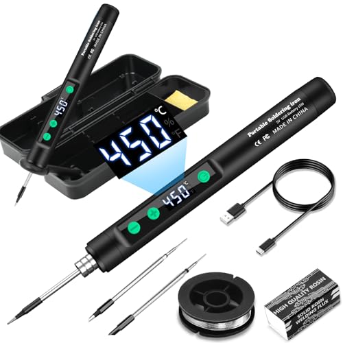 diymore Akku Lötkolben Set, USB Wiederaufladbar Lötkolben mit LCD, Temperatur Einstellbare 180-450 ℃, 3 Lötspitzen, Lötdraht, Lötpaste, lötkolben akku für Reparatur des Schweißens von diymore