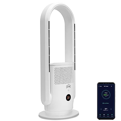 djive ARC Heater 3in1 Luftreiniger, Heizlüfter & Turmventilator, leise, rotorlos, HEPA 14 & UVC gegen 99,995% der Viren & Pollen, App, Alexa, Google Home, Elektroheizung energiesparend fürs Bad, weiß von djive