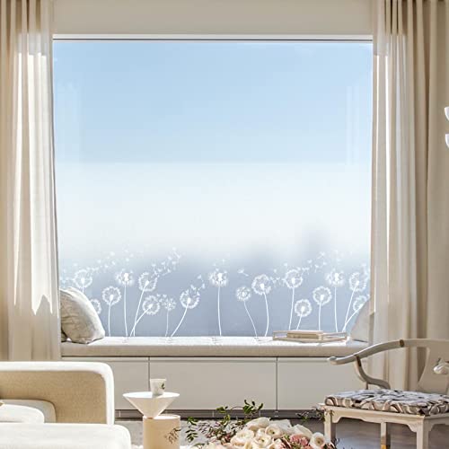 dktie Fensterfolie Blickdicht Sichtschutzfolie Fenster Milchglasfolie Löwenzahn-Muster Statische Aufkleber ohne Klebstoff Wiederverwendbar Geeignet für Wohnzimmer, Schlafzimmer, Küche 44.5x200cm von Dktie