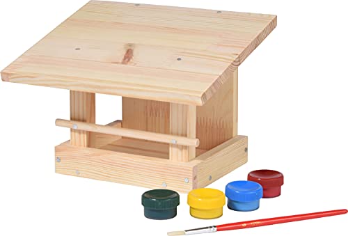 dobar® 38031FSCe Vogelfutterhaus Bastel-Set - Vogelhaus zum Selberbauen und Bemalen - Futterstation Bausatz für Wildvögel DIY-Set - Kleine Vogelvilla Massivholz inklusive Mal-Set - 22,5 x 18 x 16 cm von dobar