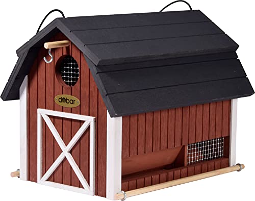 dobar® Green Label 98760FSCe Vogelfutterhaus Katthult hängend - Vogelhaus Massivholz - Futterstation Wildvögel - Vogelvilla zum Aufhängen - Futterspender Scheunen-Design - 31,5 x 22 x 24 cm - Rot von dobar