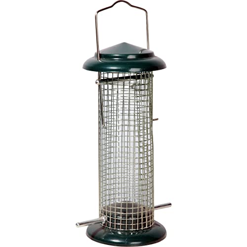 dobar® 11513 Kompakte Vogelfuttersäule mit Anflugstangen - Wildvogelfutterspender für Nüsse - Vogelfutterstation Metall - Futterspender für Vögel in Garten/Terrasse/Balkon - Ø 9,5 x 23 cm - Grün von dobar