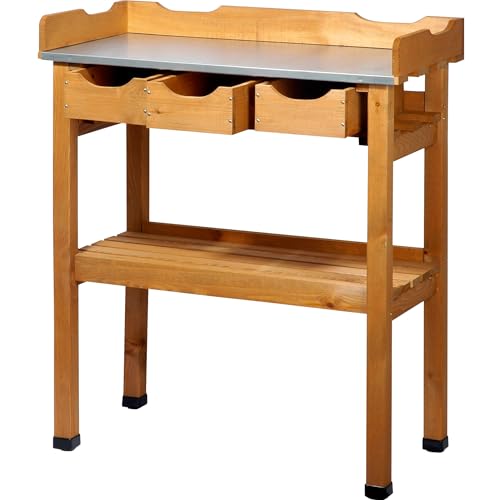 dobar® 29030e Pflanztisch mit 3 Schubladen | Gärtnertisch mit Ablageboden | Umtopftisch Kiefernholz | Blumentisch Massivholz | Gartentisch Outdoor | Verzinkte Arbeitsplatte | 80 x 40 x 90 cm | Braun von dobar