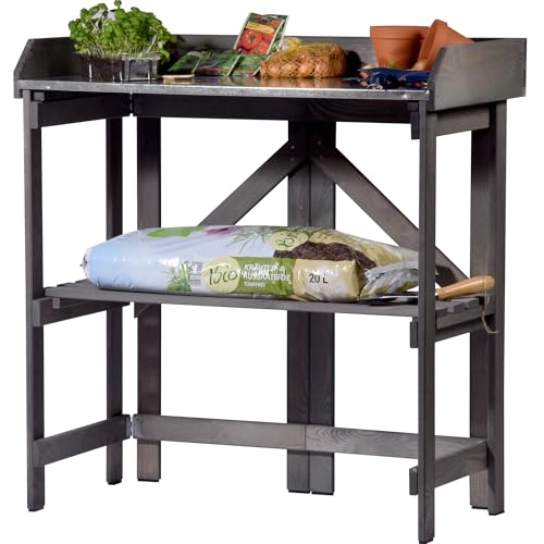 dobar® Klappbarer Pflanztisch | Gärtnertisch Massivholz | Faltbarer Umtopftisch mit Zinkplatte | Blumentisch für Garten/Terrasse/Balkon | 85 x 44 x 89 cm | Anthrazit von dobar