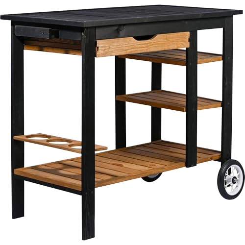 dobar® Grillwagen Outdoor mit Schublade und Ablageboden - BBQ-Trolley auf Rollen mit Griff und Flaschenhalterung - Grilltisch für Terrasse und Garten - Schwarz-Braun von dobar