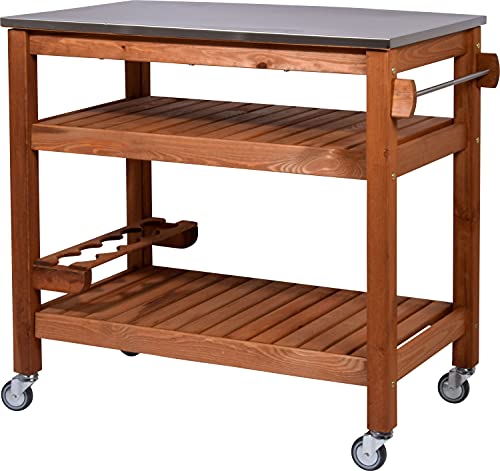 dobar® 35540FSCe Multifunktionstisch | Rollbarer Beistellwagen | BBQ-Trolley Massivholz | Servierwagen mit Edelstahlplatte | Grillwagen mit Ablage | 94 x 58 x 90 cm | Braun von dobar