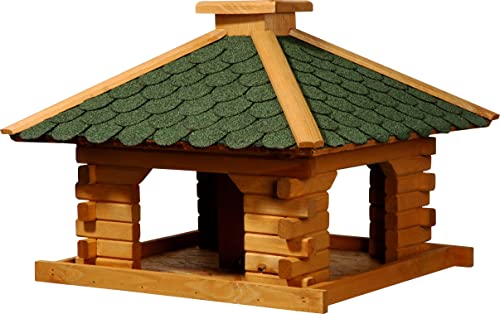 dobar® 45320e Vogelfutterhaus Blockhaus Quadratisch - Vogelhaus aus Massivholz - Vogelfutterstation mit Futtersilo - Vogelvilla mit Bitumenschindeldach - 50 x 50 x 38 cm - Grün von dobar