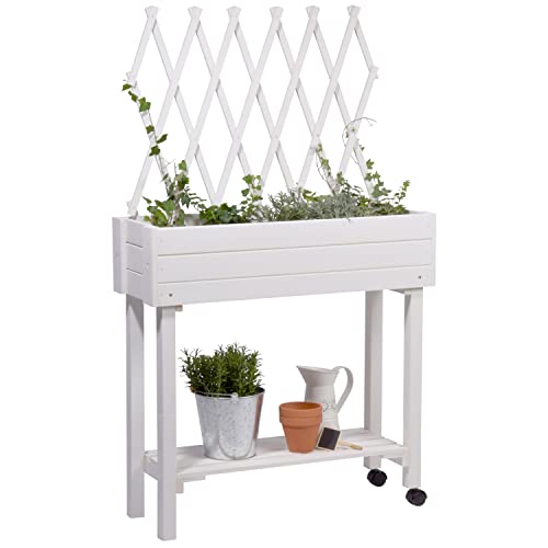 dobar® 58186e rollbares Hochbeet mit Rankgitter | Pflanzkasten auf Rollen | Blumenbeet aus Massiv-Holz | Schmales Kräuterbeet für Garten/Terrasse/Balkon | 79 x 28,5 x 130 cm | Weiß von dobar