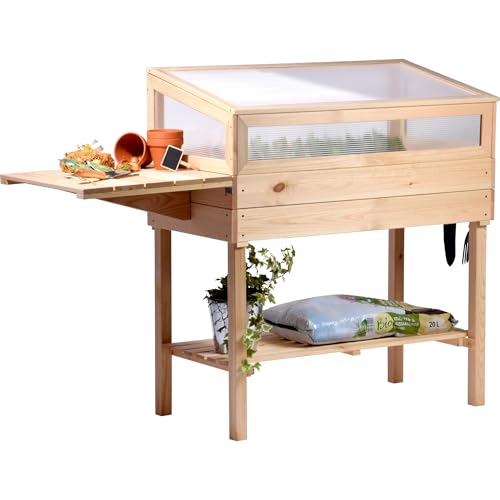 dobar® 58395e erhöhtes Frühbeet aus Massivholz Gr. L | Hochbeet mit Frühbeetaufsatz | Frühbeetkasten mit Ablagefläche & ausklappbarem Tisch | Pflanzkasten mit Gewächshaus | 150 x 50 x 107 cm | Natur von dobar