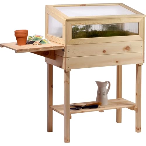 dobar® 58397e erhöhtes Frühbeet aus Massivholz Gr. M | Hochbeet mit Frühbeetaufsatz | Frühbeetkasten mit Ablagefläche & ausklappbarem Tisch | Pflanzkasten mit Gewächshaus | 116 x 40 x 110 cm | Natur von dobar
