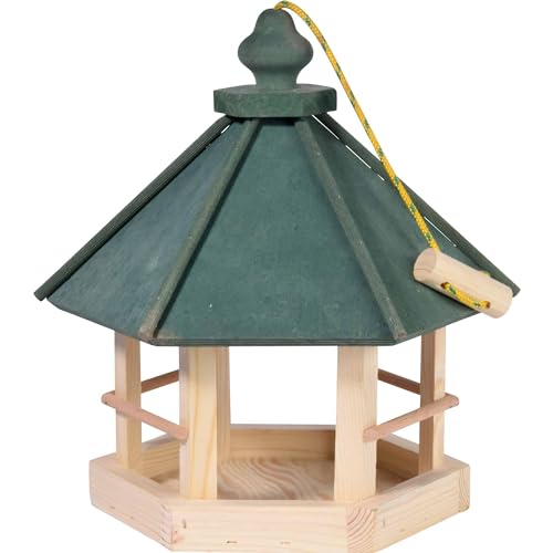 dobar® 90038FSCe Vogelfutterhaus 6-eck hängend - Offenes Vogelhaus Massivholz - Wildvogelfutterstation zum Aufhängen - Futterhaus für die Ganzjahresfütterung - 29 x 32 x 36 cm - Grün von dobar