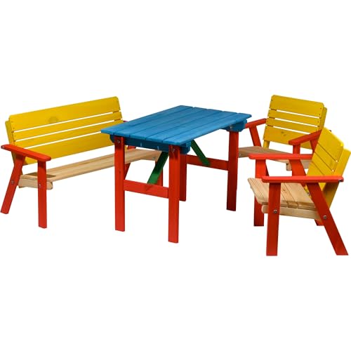 dobar® 94370FSC Kinder Outdoor Sitzgruppe 4 Plätze | 1 Bank, 2 Stühle, 1 Tisch | Picknickgarnitur für Kinder | Kindersitzgruppe Massivholz für Garten/Terrasse | Wetterfest Kindersitzgarnitur | Bunt von dobar