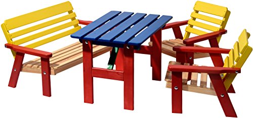 dobar® 94370FSC Kinder Outdoor Sitzgruppe 4 Plätze | 1 Bank, 2 Stühle, 1 Tisch | Picknickgarnitur für Kinder | Kindersitzgruppe Massivholz für Garten/Terrasse | Wetterfest Kindersitzgarnitur | Bunt von dobar