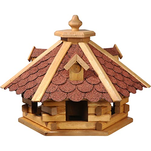 dobar® 98710e Vogelfutterhaus Bitumenschindeldach 6-eckig - Vogelhaus aus Massivholz - Vogelfutterstation mit Futtersilo - 6-eckige Vogelvilla - 51 x 45 x 37 cm - Rot von dobar