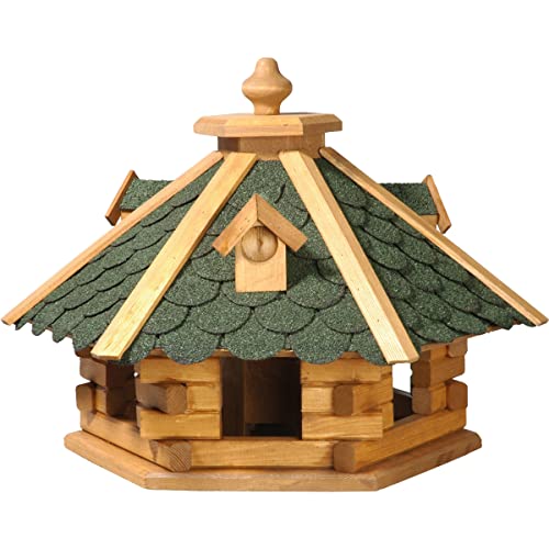 dobar® 98720e Vogelfutterhaus Bitumenschindeldach 6-eckig - Vogelhaus aus Massivholz - Vogelfutterstation mit Futtersilo - 6-eckige Vogelvilla - 51 x 45 x 37 cm - Grün von dobar