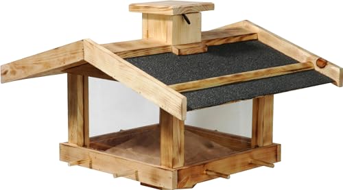 dobar® Geflammtes Vogelfutterhaus für Ständermontage - Vogelhaus für Wildvögel aus Massivholz - Futterstation zum Aufstellen - Wildvogelfutterplatz - 47 x 45 x 32 cm - Kiefer Bitumen von dobar