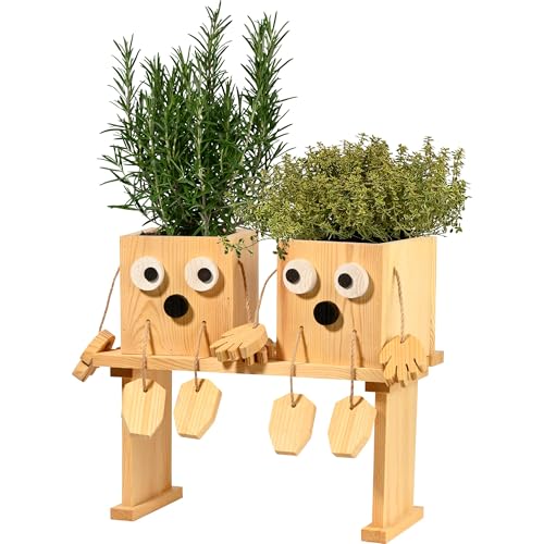 dobar® Green Label Tischbeet Kräuter | Kräuterschwestern Laura & Lisa | Pflanztöpfe Massivholz | von dobar
