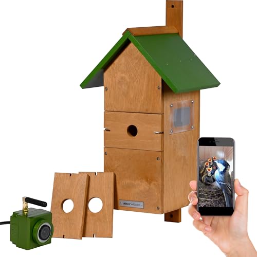 dobar® Großer Nistkasten Spitzdach aus Holz inklusive HD WiFi-Kamera und App mit austauschbaren Einfluglöchern - 25,5 x 22,5 x 53 cm - Grün-Braun von dobar